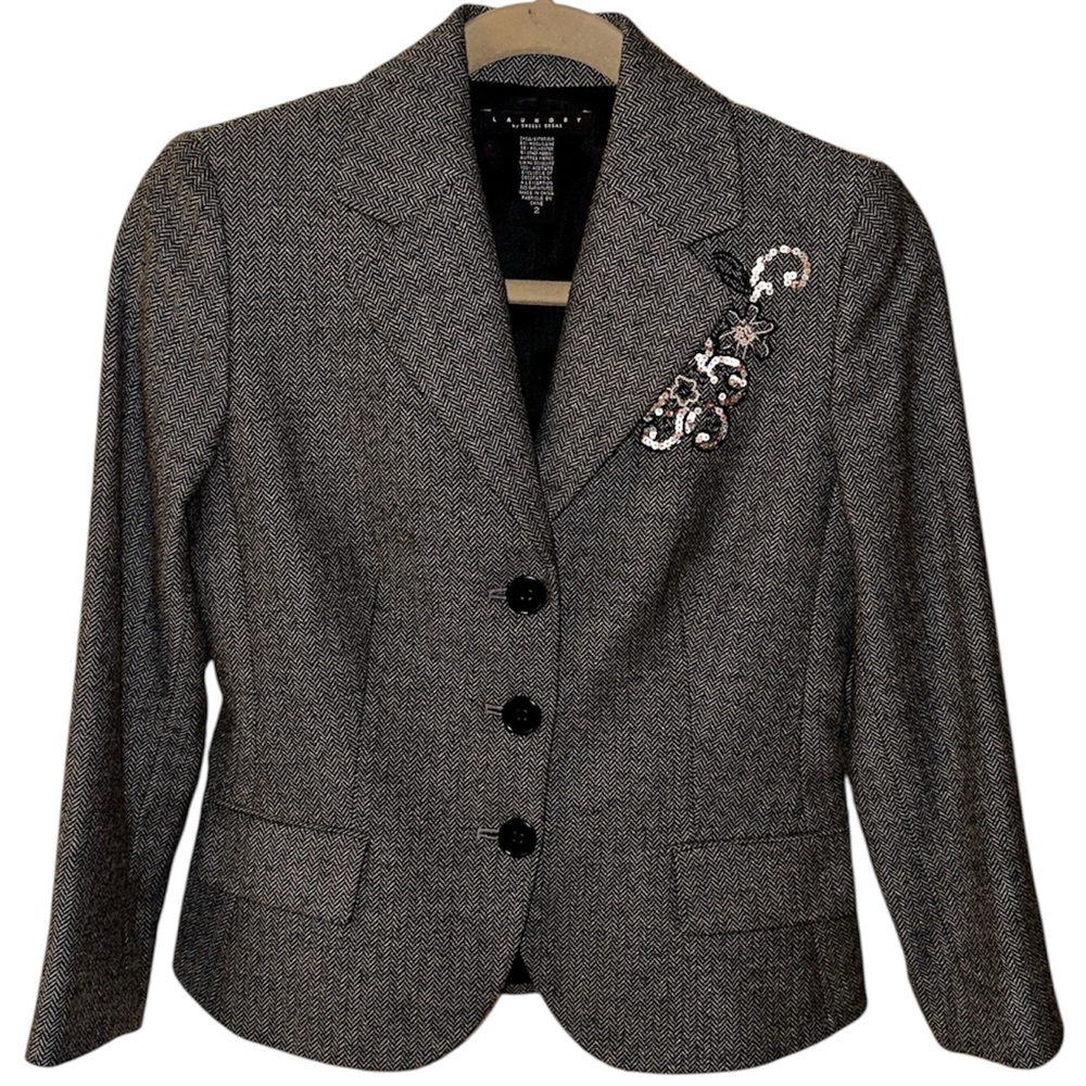 NWOT Laundry By Shelli Segal Herringbone Blazer with Floral Sequins Size 2